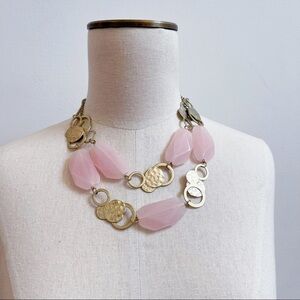 Gold Tone Hammered Metal Pink Faux Gem Necklace